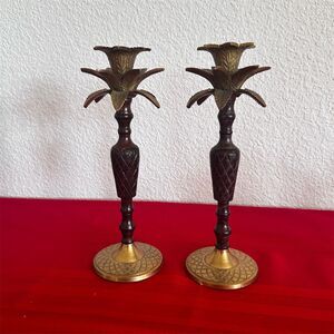 Palm Tree Brass & Wood Taper Candle Holders Set of 2 Vintage Decor